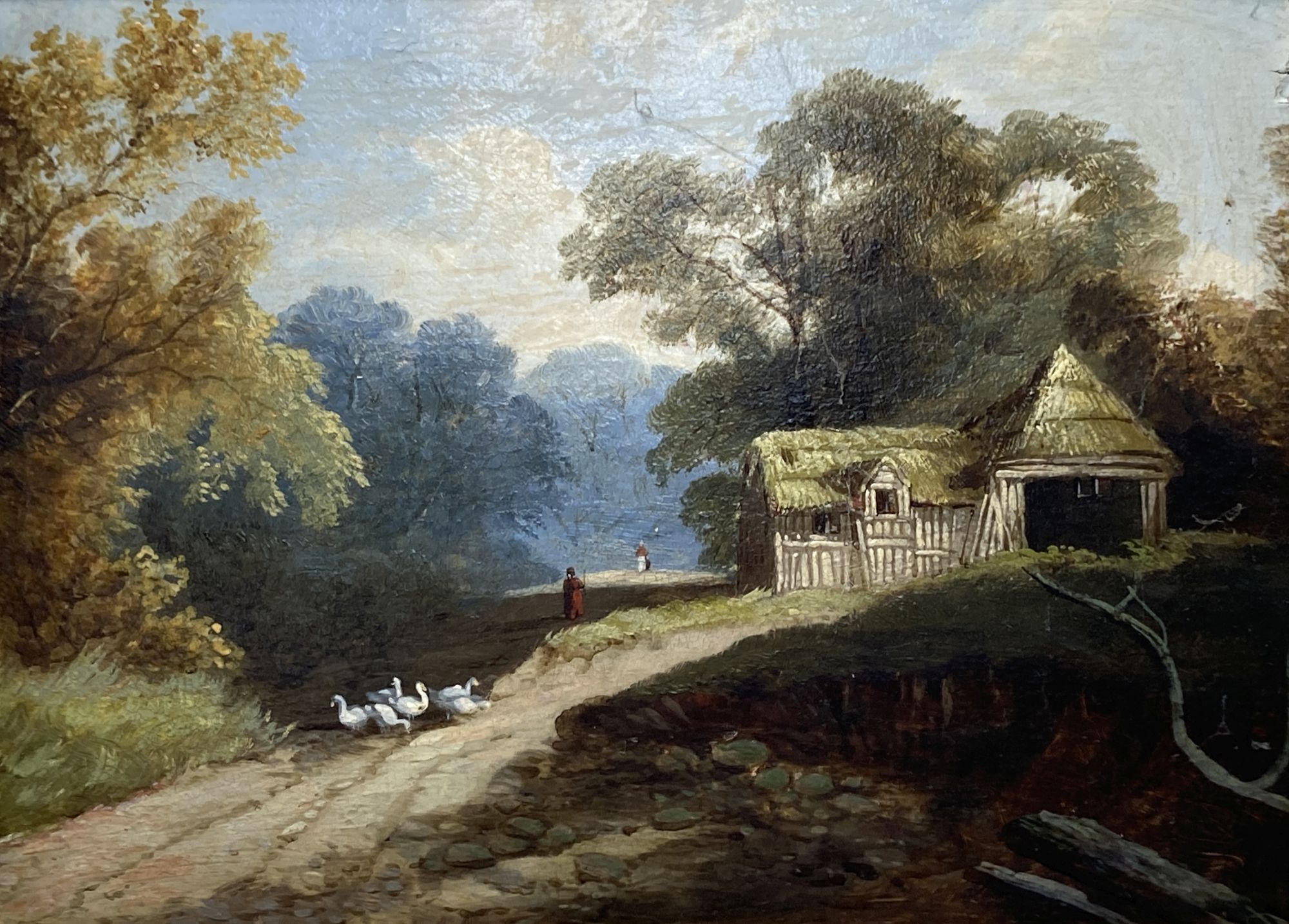 19th century English School, oil on mill board, Ducks on a lane with a thatched barn beyond, 22 x 30cm